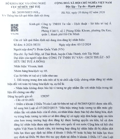 KHIẾU NẠI THÀNH CÔNG THÔNG BÁO TỪ CHỐI NHÃN HIỆU VLOZEN